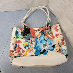 Rare Sharif Genuine Leather White Floral Handbag Abstract Watercolor Purse Bag